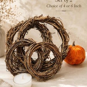 May include: A set of two brown natural grapevine wreaths with a choice of 4 or 6 inch diameters. The wreaths are displayed alongside a small white tea light candle and a textured orange velvet pumpkin. The text Set of 2 Choice of 4 or 6 Inch is visible.