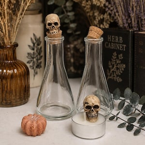 May include: Two clear glass bottles with tapered necks and cork stoppers. One cork is topped with a small beige skull. A white tea light candle features a matching beige skull embedded in the wax. A small orange pumpkin-shaped object sits nearby.