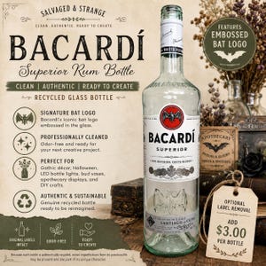 Bacardi Superior Rum Bottle | Embossed Bat, Recycled Glass Craft, Gothic Decor