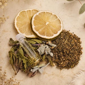 May include: A small clear glass vial filled with liquid, positioned alongside two dried citrus slices, a pile of loose green tea leaves, and several dried green herbs. The arrangement features natural textures and earthy tones.