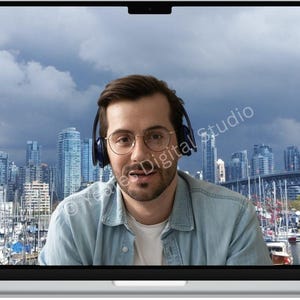May include: A laptop screen shows a man with glasses and headphones, with a cityscape background. The backdrop features a harbor with boats and skyscrapers under a cloudy sky. The man is wearing a light blue shirt.