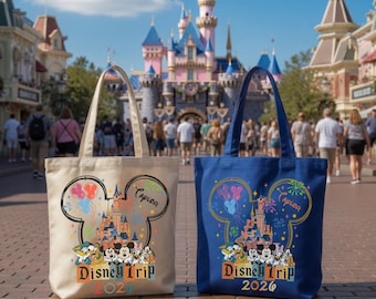 Custom Name Disney World Tote Bag, Mickey Mouse Castle Bag, Disneyland Inspired Bag, Cute Disney Characters Tote,Magic Kingdom Vacation Bag