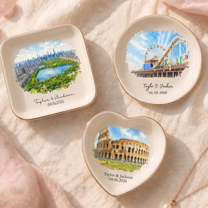 Custom Skyline Ring Dish l Personalized Engagement Trinket Tray l Watercolor Landscape Wedding Keepsake