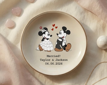 Personalized Mickey and Minnie Ring Dish, Custom Married Jewelry Dish, She Said Yes Trinket Dish, Retro Engaged Ring Dish, Gift for Couples
