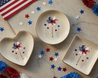 America 250th Anniversary Trinket Dish,1776-2026 Floral Patriotic Jewelry Dish, 250 Years of Freedom Jewelry Tray, Independence Day Keepsake