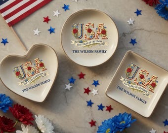 USA 250th Anniversary Trinket Dish, Custom Family Patriotic Keepsake 1776–2026, America 250 Birthday Ring Dish, USA Ring Dish