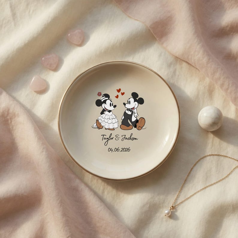 Personalized Disney Married Ring Dish, Bride Minnie Groom Mickey Mouse Jewelry Tray, Wedding Gifts for Bride, Engagement Keepsake image 3