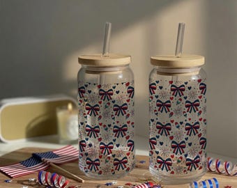 Cute Iced Coffee Cup, 4th of July, Cute Iced Coffee Glass Cup, Patriotic Cups, Cold Brew Cups, Independence Day, Summer Iced Coffee Cup