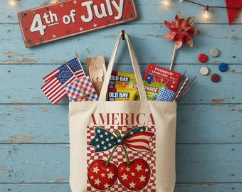 Patriotic Cherry Tote Bag, USA 250th Anniversary Tote Bag, 1776 2026 America Freedom Bag, 4th of July Gift for Women, America Tote Bag