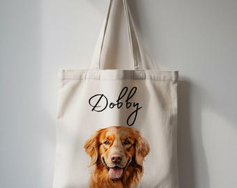 Custom Dog Tote Bag, Golden Retriever Portrait Gift For Dog Mom, Personalized Pet Lover Carryall For Shopping, Beach Or Picnic
