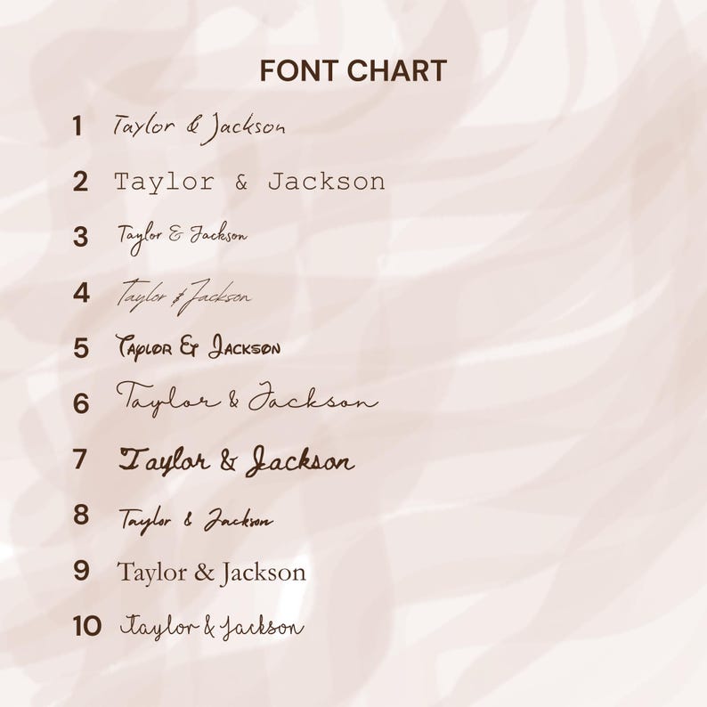 May include: A font chart displaying ten distinct typography styles numbered one through ten. Each line features the text Taylor & Jackson in a dark brown color against a light beige background, showcasing various script, serif, and sans-serif fonts.