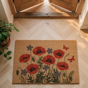 Red Poppy Flowers Welcome Mat, Wildflower Doormat, Cottagecore Decor, Nature Inspired Doormat, Rustic Decor, Housewarming Gift, Porch Decor