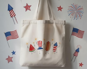 Patriotic Doodle, Cute Fourth of July Totebag, Watermelon Hotdog Firework Totebag, Retro American Totebag, Funny Sumer 250th Totebag