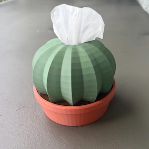May include: A sage green, ribbed, spherical cactus-shaped tissue dispenser sitting in a terracotta-colored circular base. A single white tissue protrudes from the top center opening of the cactus, which features a distinct 3D-printed texture.
