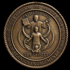 May include: A bronze-coloured round medallion with the word "FATHERHOOD" at the top. The medallion features a father figure holding a book, with a younger man and child below. The words "THE TRINITY" and "GENIUS ENGAGEMENT" are also visible.