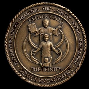 May include: Bronze-colored round medallion with the word "FATHERHOOD" at the top. The image features a father figure with a child, and the text "THE TRINITY" at the bottom. The outer ring includes the words "BIOLOGICAL", "STEP", "ADOPTIVE", "FOSTER", "SINGLE PARENT", "RETROSPECTIVE", "CHOSEN", and "GENIUS ENGAGEMENT".