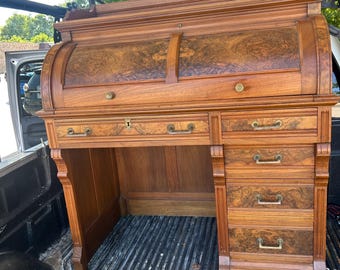 Antique Roll Top Desk c.1900–1925 | Burl Walnut Veneer | Solid Wood | Original Brass Hardware | Tambour Desk |