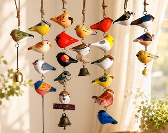 Campana de viento con forma de pájaro, adorno de pájaro de madera pintado a mano, móvil de pájaros hecho a mano, regalo de guirnalda de pájaros, adorno rústico del bosque, decoración de la naturaleza