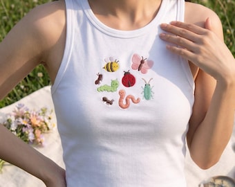 Embroidered Women's Pink Tank Top, Sleeveless Crop Shirt with Garden Bugs Butterfly and Bee Design
