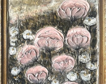 Zeer gestructureerd bloemenschilderij, origineel gebeeldhouwde bloemenkunst, antiek ingelijste wanddecoratie