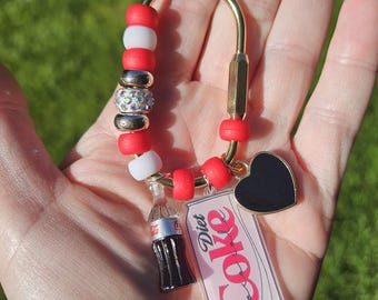 Diet Coke Fan Bag Charm, Brass Carabiner Clip, Soda Bottle Keychain Accessory