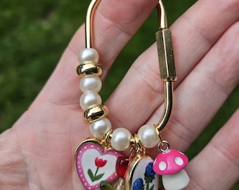 Brass Carabiner Charm, Flower Mushroom Heart Dangles, Bag Purse Keychain Accessory