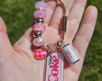 Pink Diet Coke Can Bag Charm, Brass Carabiner Keychain Accessory