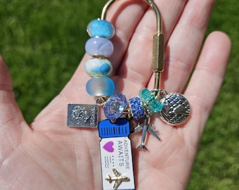 Brass Travel Charm Keychain, Passport, Airplane, Ticket, Adventure Awaits