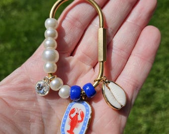Brass Lobster Charm Bag Clip, Coastal Pearl Seashell Keychain Accessory