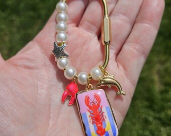 Brass Carabiner Charm, lobster,  Beads, Pearl Accent Bag Accessory
