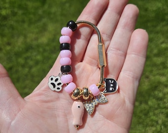 Pink Black Cat Bag Charm, Rhinestone Bow, Paw Print Keychain Accessory