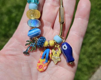 Tropical Vacation Bag Charm, Brass Carabiner Clip, Beach Flip Flop, Swimsuit, Palm Tree, Fish