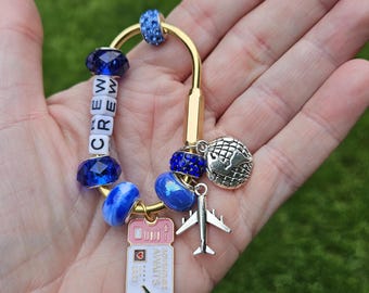 Flight Attendant Crew Bag Charm, Blue Crystal Globe Airplane, Adventure Awaits Bag Accessory