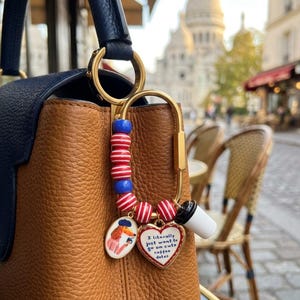 Paris Cafe Bag Charm, French Beret Dog, Coffee Lover Purse Accessory