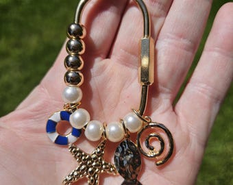 Nautical Bag Charm, Gold Pearl Starfish Fish Life Preserver, Coastal Chic Accessory