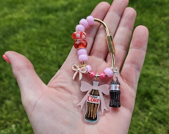 Diet Coke Bottle Bag Charm, Pink Bow Beaded Keychain Accessory