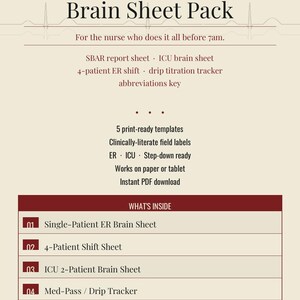 May include: Digital template for ER nurses, the "ER Nurse Brain Sheet Pack." Includes SBAR report sheets, ICU brain sheets, and a drip titration tracker. Features 5 print-ready templates with clinically-literate field labels. Instant PDF download.