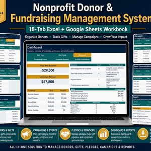 May include: A digital nonprofit donor and fundraising management system workbook for Excel and Google Sheets. The interface displays a dashboard with total gifts, campaign revenue, and metrics, surrounded by smaller windows for donor directories, gifts, campaigns, and reports.