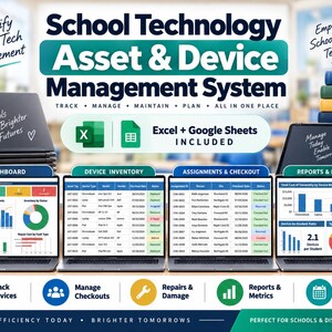 May include: A digital school technology asset and device management system dashboard featuring Excel and Google Sheets integration. The interface displays device inventory, assignments, checkout status, and data reports with charts on four laptop screens.