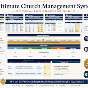 Op de afbeelding: Een digitaal Excel-werkboek getiteld Ultimate Church Management System met een Command Center-dashboard met secties voor mensen, bediening, rentmeesterschap, evenementen en rapporten, inclusief datatabellen en statistieken.