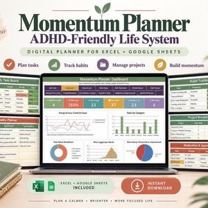 Puede incluir: Un sistema de vida digital Momentum Planner para TDAH compatible con Excel y Google Sheets en una pantalla de portátil. La interfaz muestra un panel con gráficos, una lista de tareas diarias, un planificador semanal y tablas de proyectos.