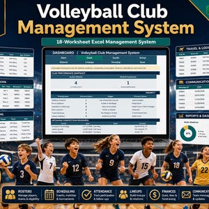 May include: A digital Volleyball Club Management System displayed on a laptop screen, featuring 18 Excel worksheets for rosters, lineups, travel, and finances. The interface includes a dashboard with performance snapshots and competition readiness data.