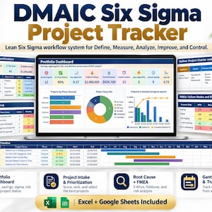 Könnte beinhalten: Eine digitale DMAIC Six Sigma Projekt-Tracker-Vorlage auf einem Laptop-Bildschirm mit Portfolio-Dashboard, Projekt-Intake, Ursachenanalyse, FMEA-Analyse und Gantt-Zeitplan. Kompatibel mit Excel und Google Sheets.