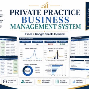 May include: A digital private practice business management system workbook compatible with Excel and Google Sheets. It features a central dashboard with charts, client registry, appointment logs, balance sheets, and invoice templates for tracking.