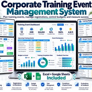 Peut inclure: Un tableau de bord numérique intitulé Corporate Training Event Management System affiché sur un écran d'ordinateur portable, présentant des graphiques pour la gestion d'événements, le suivi budgétaire et les tâches, avec icônes Excel et Google Sheets.