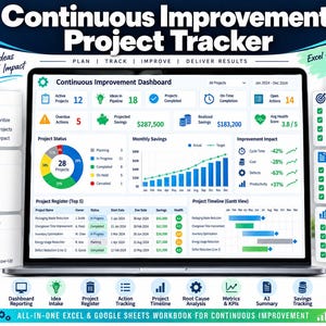 Continuous Improvement Project Tracker | Lean Six Sigma, Kaizen, PDCA, A3, KPI Dashboard | Excel & Google Sheets