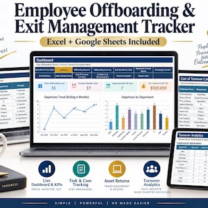 May include: Employee Offboarding & Exit Management Tracker digital template for Excel and Google Sheets. Displays a dashboard with turnover trends, department departure charts, a case log, turnover cost calculator, and analytics on multiple screens.