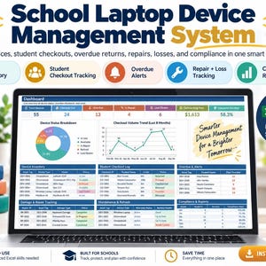Puede incluir: Un panel digital de gestión de dispositivos escolares en una pantalla de portátil. La interfaz incluye gráficos, inventario, registros de préstamos, seguimiento de reparaciones e informes, compatible con Excel y Google Sheets.