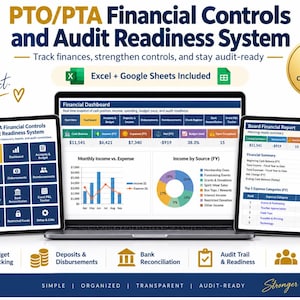 Puede incluir: Un sistema digital de control financiero y preparación de auditorías para PTO/PTA mostrado en una computadora portátil y dos tabletas. Las pantallas muestran un panel financiero, gráficos de ingresos y gastos, y reportes financieros con iconos.