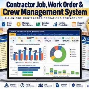 May include: A digital contractor job, work order, and crew management system displayed on a laptop screen. The dashboard features colorful bar charts, a donut chart, and data tables for tracking revenue, costs, and job status for construction.